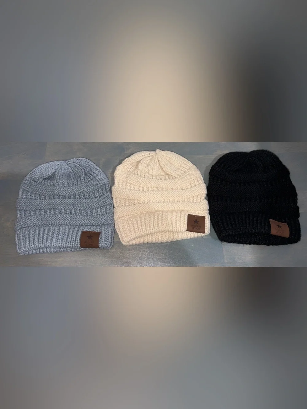 Super Star 3 piece beanie toboggan bundle girls 6-12 M Black Gray Cream
